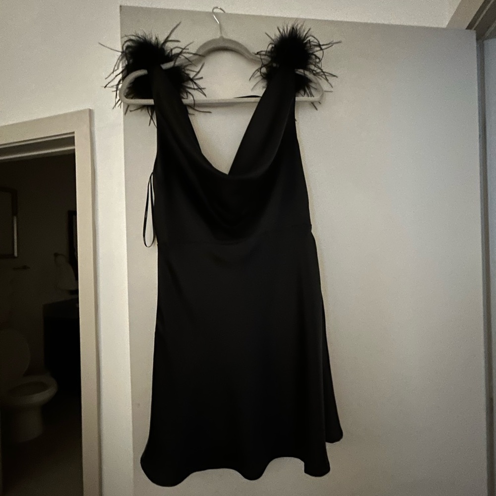 Black cow neck dress with feathers